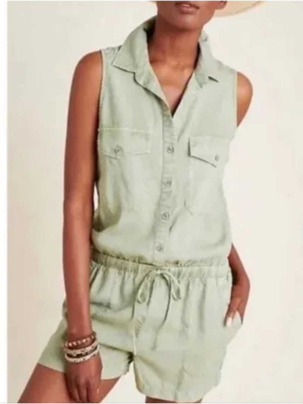 NWT Anthropologie Cloth & Stone Bette Sleeveless Utility Romper in Light Green